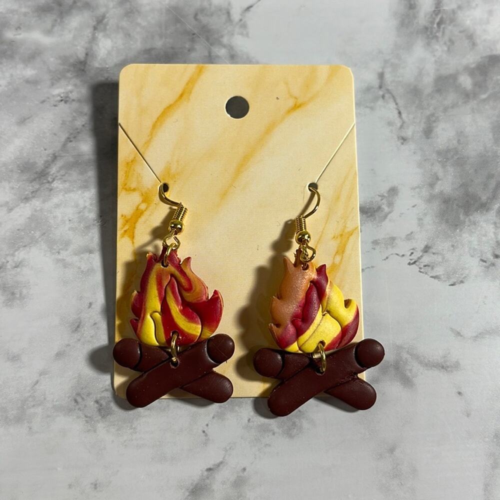 Handcrafted Campfire Dangle Earrings with Gold Toned Fishhook Backs